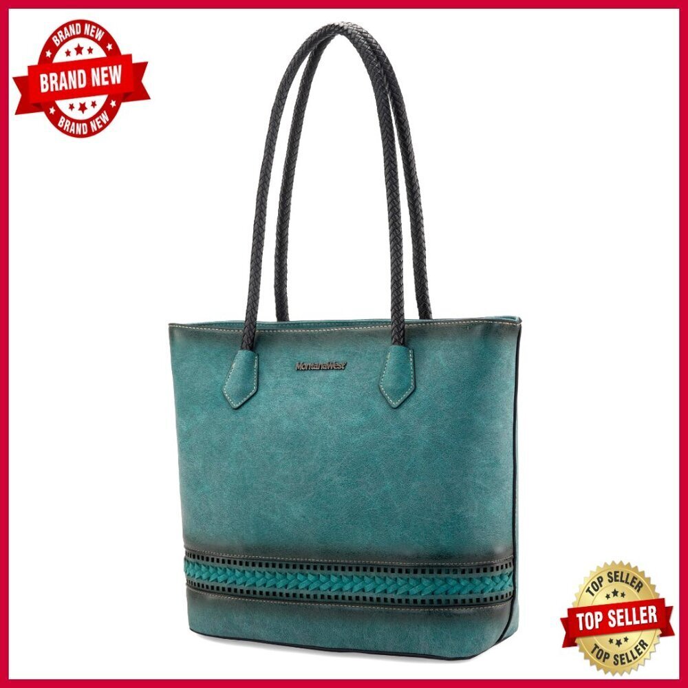 Woven Vegan Leather Tote Bag with Back Zipper Pocket, 8 Compartments